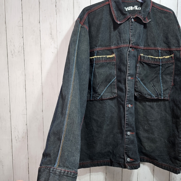 Vintage Counter Attack Men's Black Frayed Embroidered Denim Jacket Size XL 90's. - Picture 3 of 10